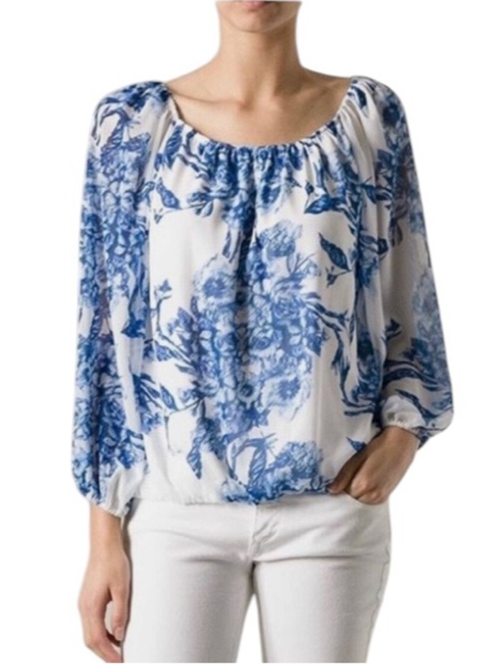 Alice & Olivia Rana Blue & White Floral Toile Print Peasant Blouse - L